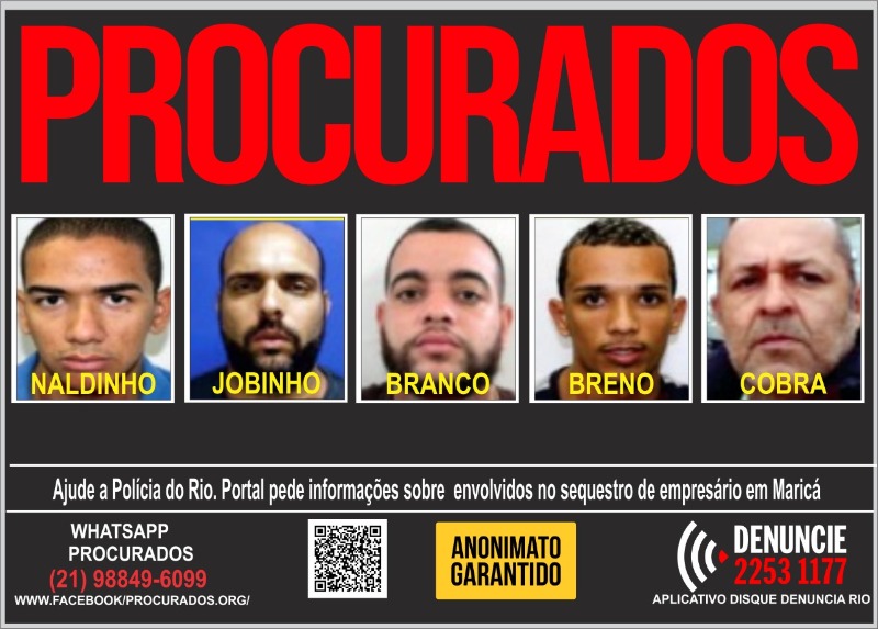Disque Denúncia divulga cartaz para tentar localizar os acusados de sequestrar empresário em Maricá 
